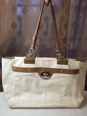 Coach Cream Tote Bag with Brown Trim, Kisslock Front Pocket